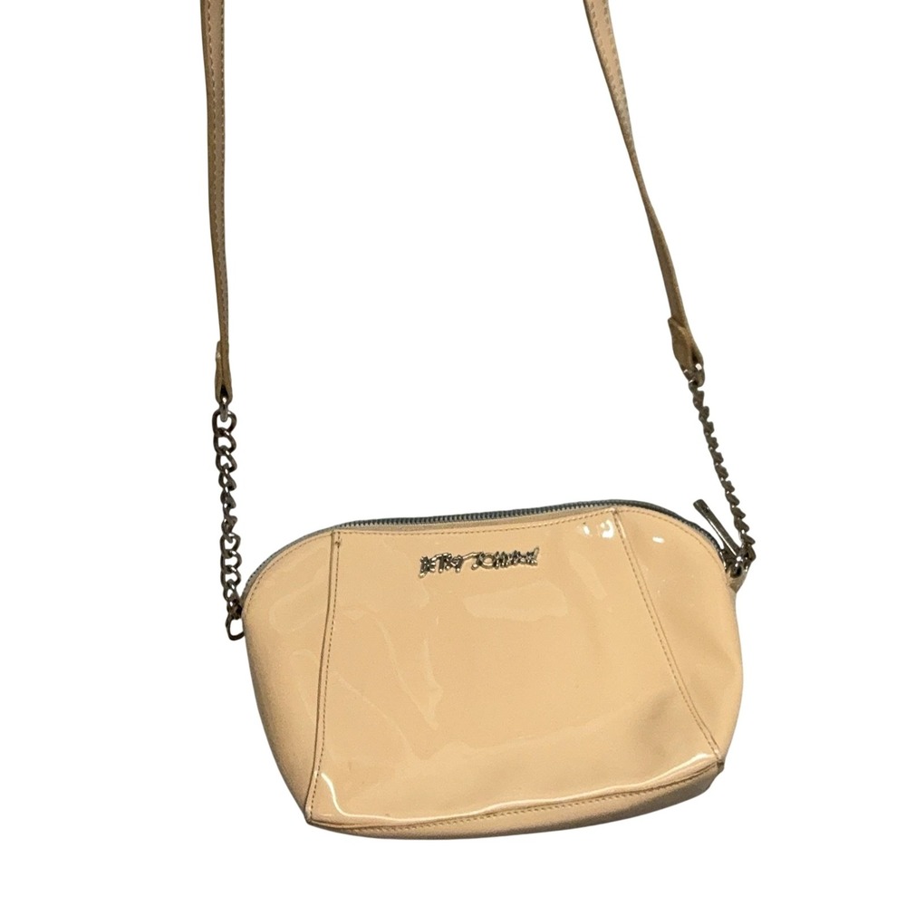 Betsey Johnson Crossbody Bag Womens Small Beige Faux Leather‎ Patent Lined Purse